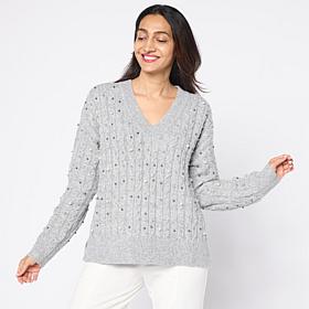 "As Is" Tower Hill by Christie Brinkley Embellished Cable Knit Sweater