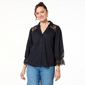 "As Is" TWRHLL by Christie Brinkley Lace Sleeve Button-Down Top