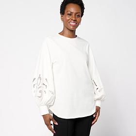 "As Is" WynneCollection Embroidered Eyelet Sleeve Shirt 