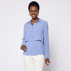 "As Is" WynneLayers Chiffon Collared Long-Sleeve Cropped Shirt