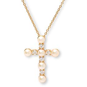 Bright Halo Lab-Grown Diamond & Cultured Pearl Cross Pendant Necklace