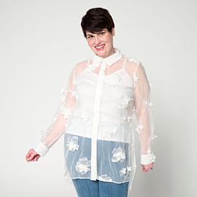 C Wonder 3D Applique Tulle Button-Front Tunic Top