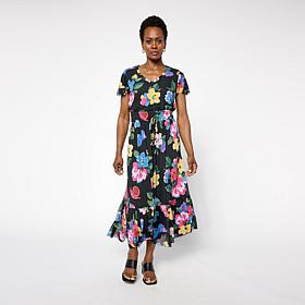 C Wonder Mesh Printed Flutter Sleeve Tiered Dress