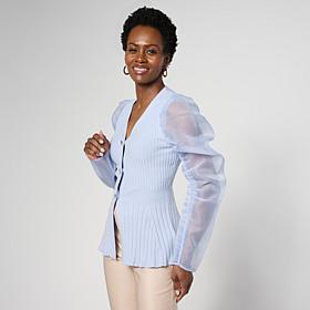 C Wonder Organza Sleeve Ribbed Cardigan