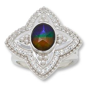 Canadian Ammolite Gems Ammolite and White Topaz Flower Ring