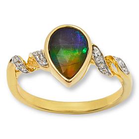 Canadian Ammolite Gems Pear-Shape Ammolite and White Topaz Ring