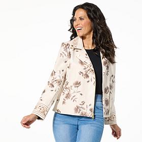 Colleen Lopez Embroidered Faux Leather and Print Moto Jacket
