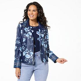Colleen Lopez Embroidered Faux Leather and Print Moto Jacket