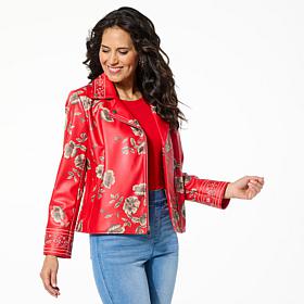 Colleen Lopez Embroidered Faux Leather and Print Moto Jacket