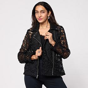 Colleen Lopez Lace Moto Jacket with Solid Trim