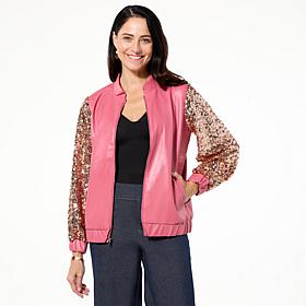 Colleen Lopez Sequin Sleeve Faux Leather Bomber Jacket