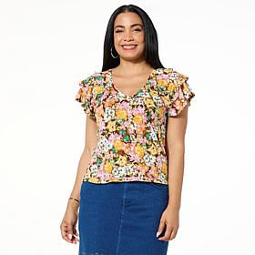 Democracy 3-Tiered Bell Sleeve Printed Slub Knit Top