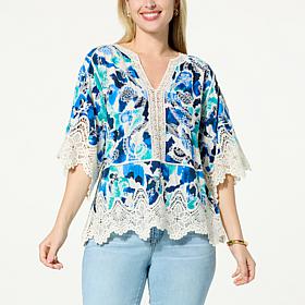 Democracy Embroidered Crochet Trim Peplum Top