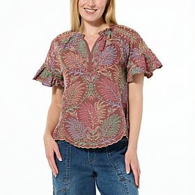 Democracy Embroidered Eyelet Flounce Sleeve Top