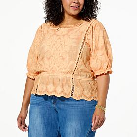 Democracy Embroidered Peplum Top with Crochet Trim
