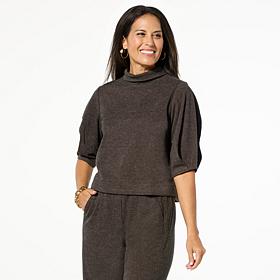 Democracy Pleated Elbow Sleeve Mock-Neck Top 