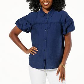 DG2 by Diane Gilman Balloon-Sleeve Button-Up Blouse
