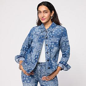 DG2 by Diane Gilman Classic Stretch Scarf Print Denim Jacket