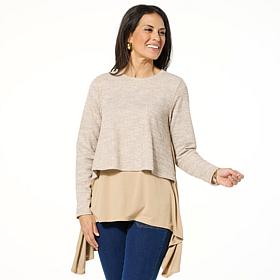 DG2 by Diane Gilman Combo Textured Tweed & Jersey Knit Hi-Low Top