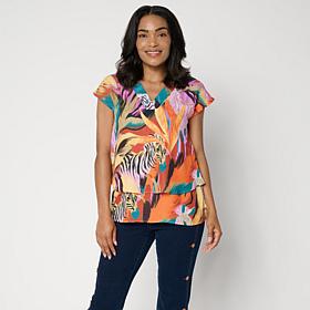 DG2 by Diane Gilman Crepe de Chine V-Neck Cap-Sleeve Easy Top