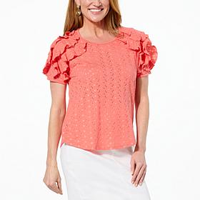 DG2 by Diane Gilman Eyelet Knit Ruffled Puff Sleeve Top