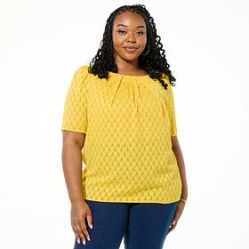 DG2 by Diane Gilman Geometric Clipped Jacquard Pleated Blouse