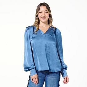DG2 by Diane Gilman Hammered Satin Draped Sleeve Blouse