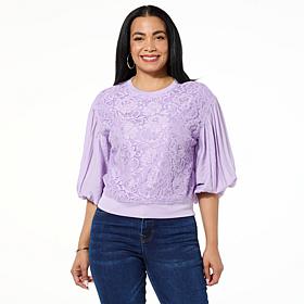 DG2 by Diane Gilman Lace-Front 3/4 Lantern Sleeve Blouse