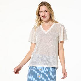 DG2 by Diane Gilman Mesh Knit Flutter-Sleeve Sweater with Sequins