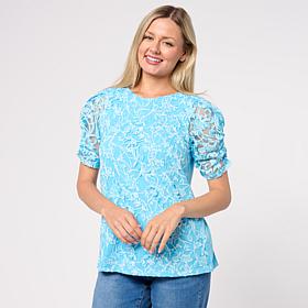 DG2 by Diane Gilman Mixed Media Puff Sleeve Top with Keyhole Back