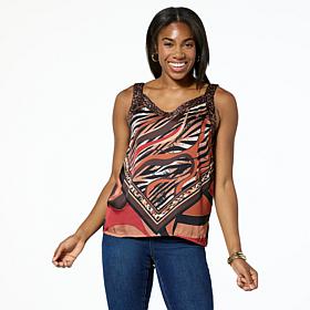 DG2 by Diane Gilman Mixed Media Scarf Print V-Neck Tank