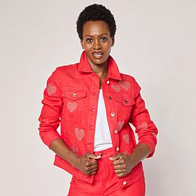 DG2 by Diane Gilman New Classic Heart Studded Stretch Denim Jacket