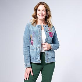 DG2 by Diane Gilman New Classic Stretch Denim Embroidered Jacket