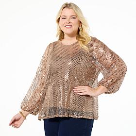 DG2 Sequin Lantern-Sleeve Top with Cami