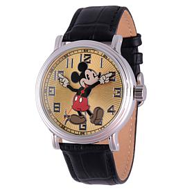 Disney Mickey Mouse Men's Silver Vintage Watch w/ Black Leather Strap