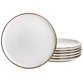 Elama Arthur 6-Piece Stoneware Salad Plate Set, Matte White w Gold Rim