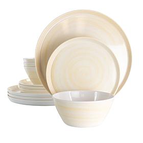 Elama Crafted Clay 12-Piece Lightweight Melamine Dinnerware Set-Cream