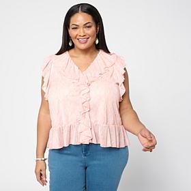 G by Giuliana Printed Knit Sleeveless Ruffle Top