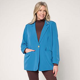 G by Giuliana Ruched-Sleeve Woven Girlfriend Blazer