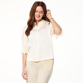 G by Giuliana Stretch Satin Flounce-Sleeve Button-Up Blouse