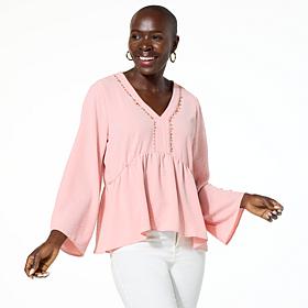 G by Giuliana Textured Woven Crepe Peplum Top with Beaded Trim