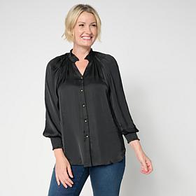 G by Giuliana Woven Button Front Blouse with Ruffle Detail