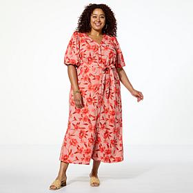 G by Giuliana Woven Embroidered Puff-Sleeve Midi Dress