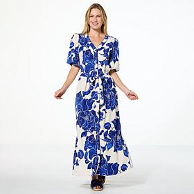 G by Giuliana Woven Embroidered Puff-Sleeve Midi Dress