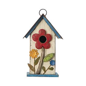 Glitzhome 10.25" Distressed Solid Wood Birdhouse with Flower