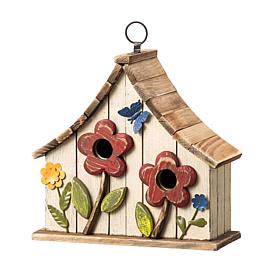 Glitzhome 10.5" Distressed Wood Two-Story Garden Birdhouse w/Flowers