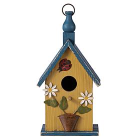 Glitzhome 12.25" Distressed Yellow Birdhouse with Bee & Flower Accents