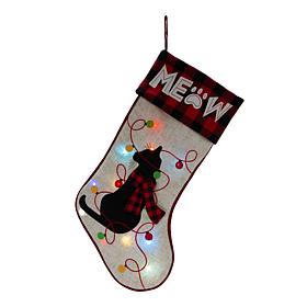 Glitzhome 21" L LED Embroidered Linen Cat Christmas Stocking