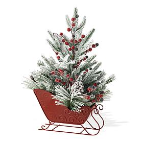 Glitzhome 21" Red Christmas Sleigh Frosted Floral Centerpiece
