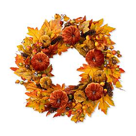Glitzhome 23.75"D Fall Velvet Pumpkin, Pinecone & Berry Wreath